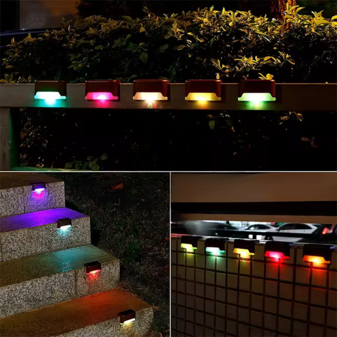 Decorative solar LED step lights create a warm garden glow, self-adhering for energy-saving outdoor ambiance.