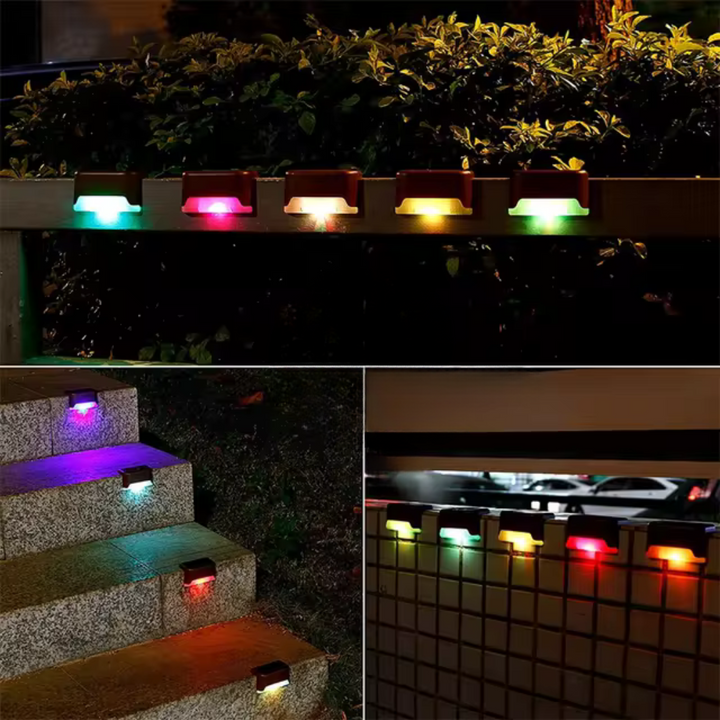 Decorative solar LED step lights create a warm garden glow, self-adhering for energy-saving outdoor ambiance.