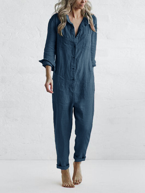 Elegant button-front long sleeve jumpsuit for women, a stylish one-piece for casual or evening events.