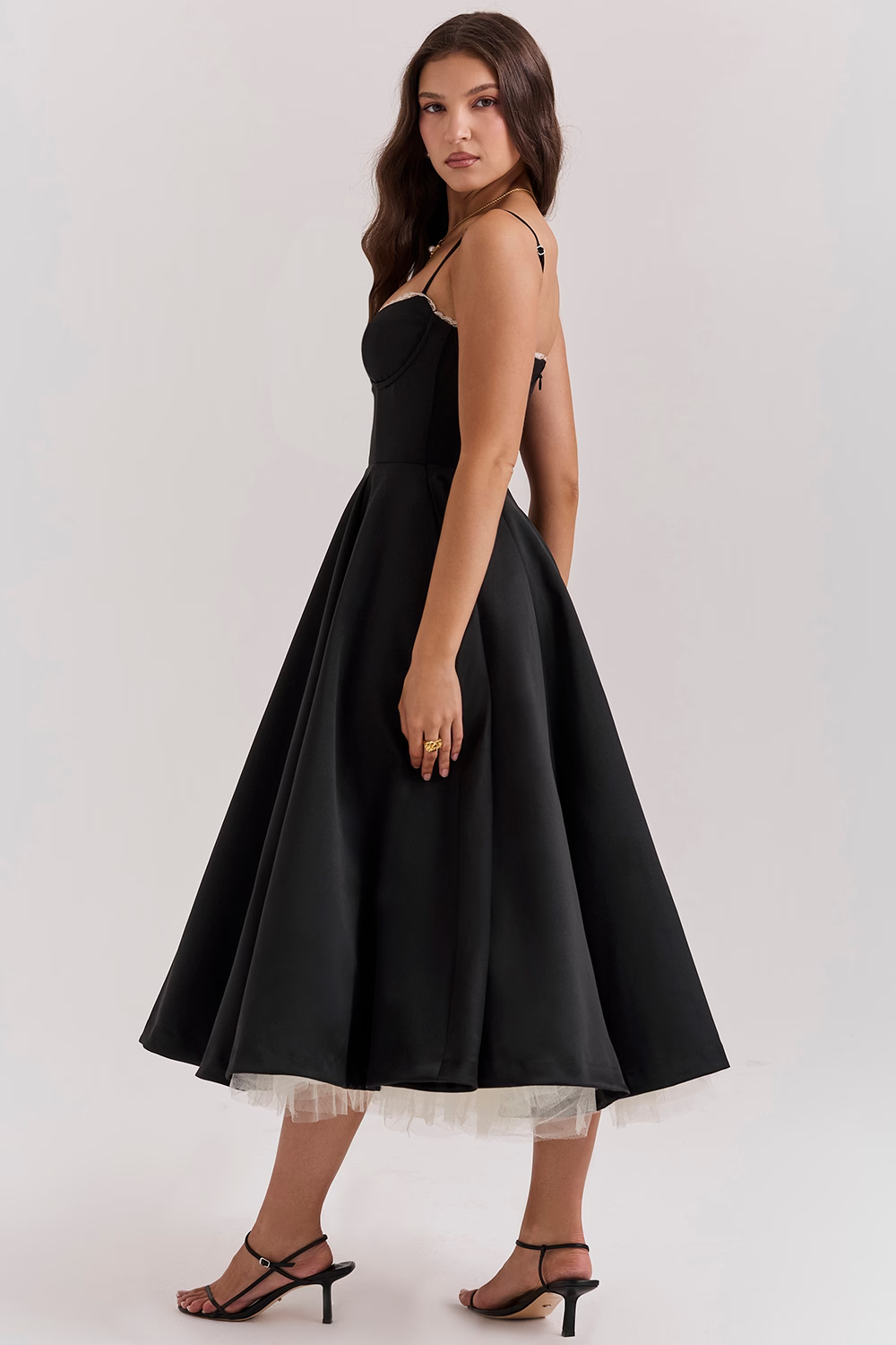 Women's party midi dress, elegant and glamorous with a sweetheart neckline.