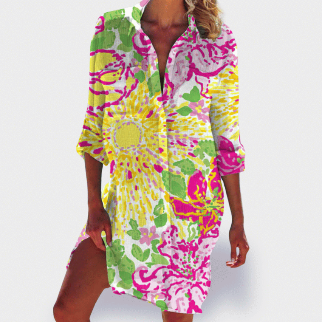 Beautifully flowing colorful women's midi dress, lightweight design feels breezy & flattering for summer.