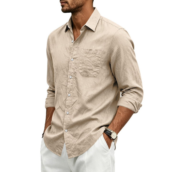 Versatile men's summer shirt, a loose-fit long-sleeve lapel top for daily and smart casual wear.