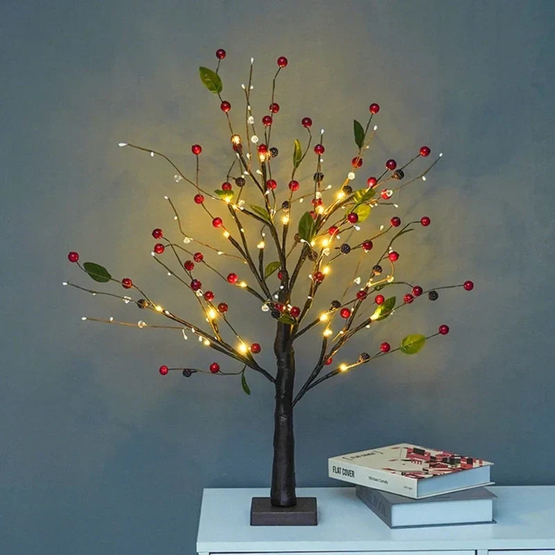 Detail of shimmering gold pearl LEDs on a decorative bonsai tree light, ideal for cozy mood lighting.