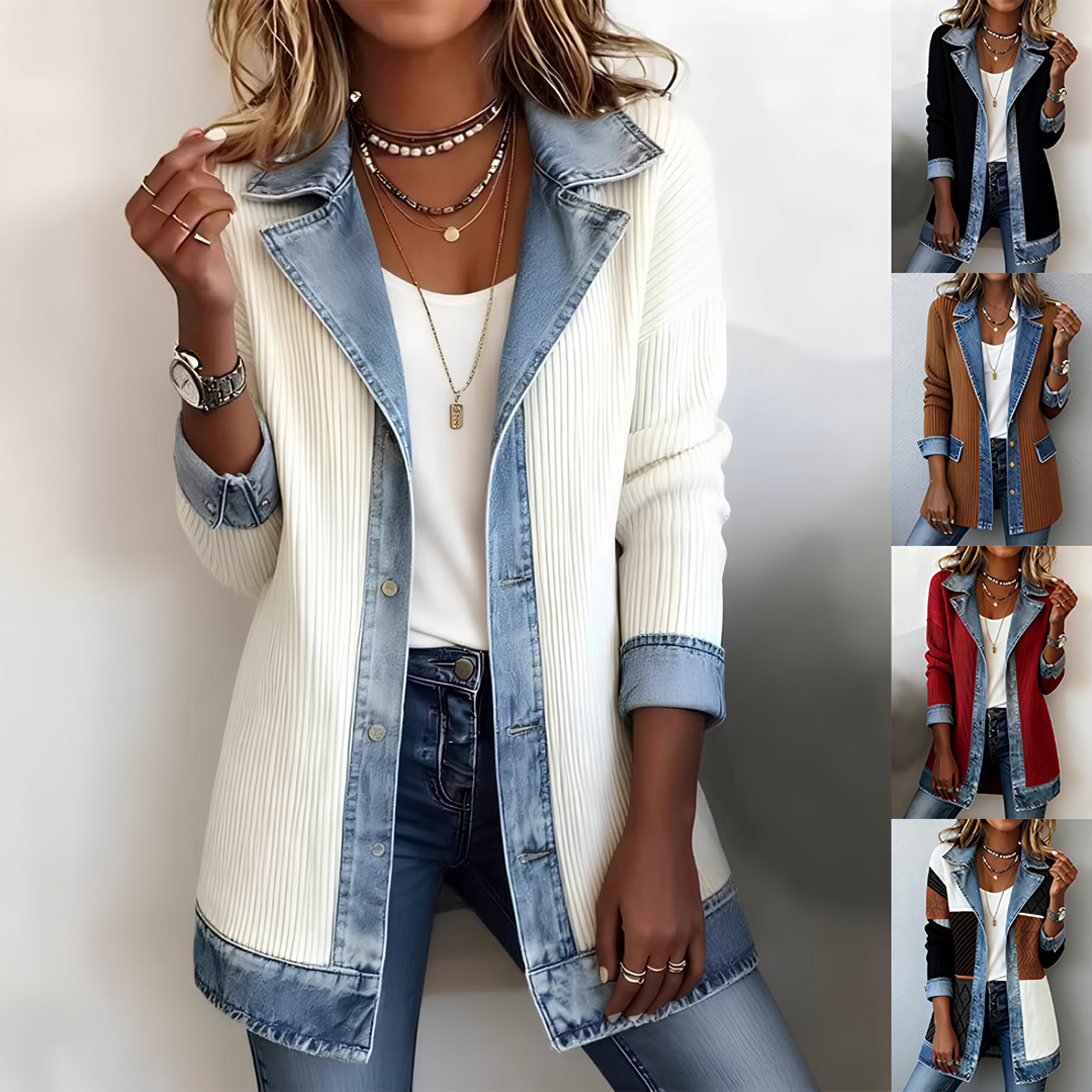 Chic women's denim patchwork jacket with lapel collar & button-down front. Stylish long sleeve outerwear for spring/autumn.