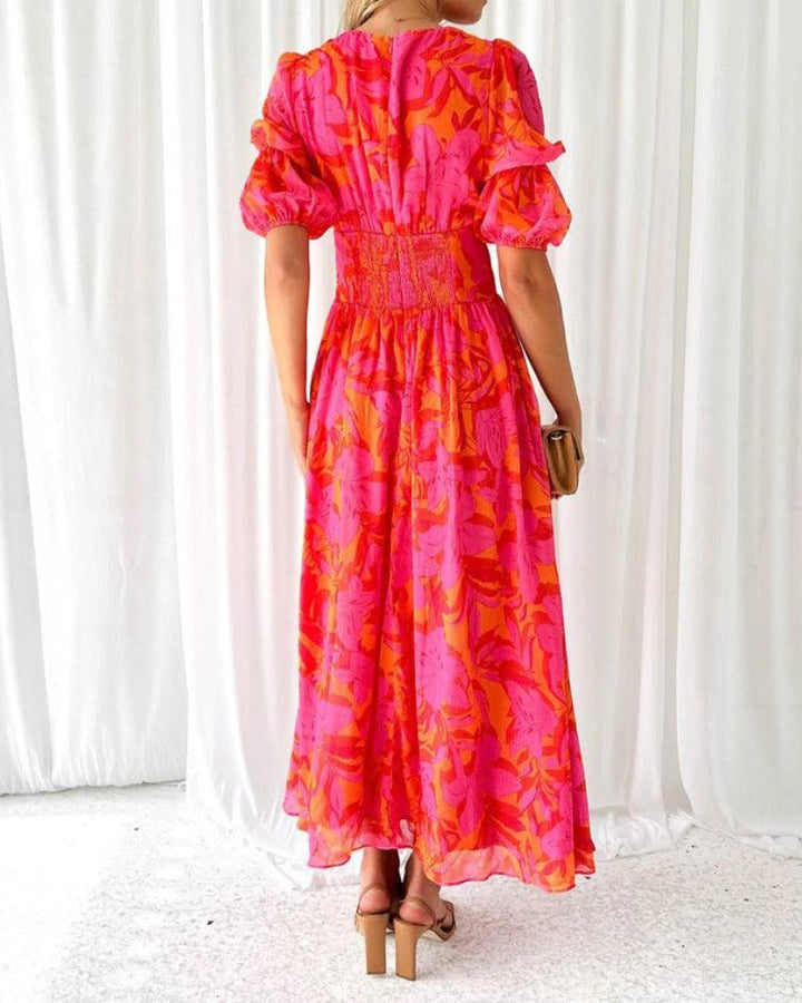 Women's V-Neck Puff Sleeve Maxi Dress