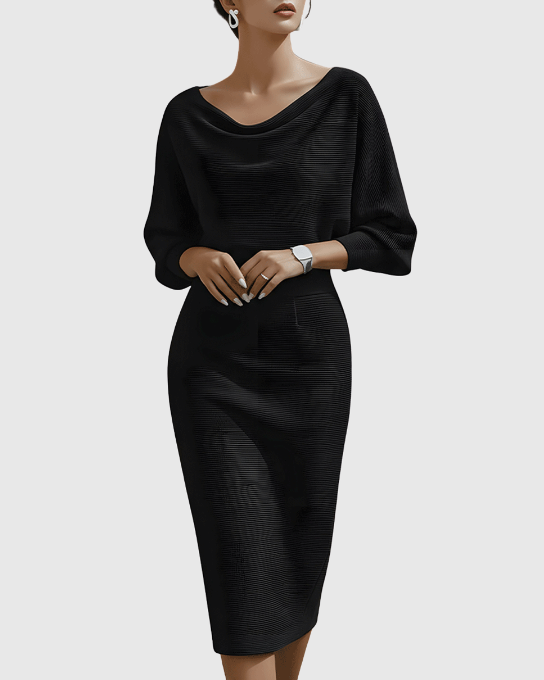 Elegant women's pencil midi dress with chic cowl neck and comfortable batwing sleeves.
