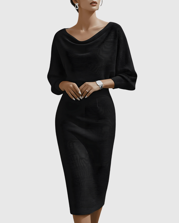Elegant women's pencil midi dress with chic cowl neck and comfortable batwing sleeves.