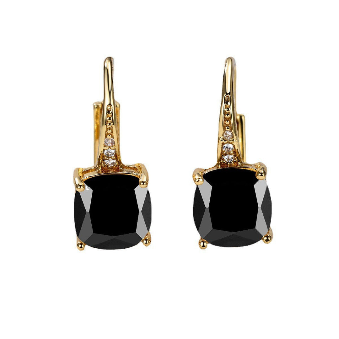 Elegant geometric women's ear hook earrings with sparkling square zircon. Modern jewelry gift for her, fashion accessory.
