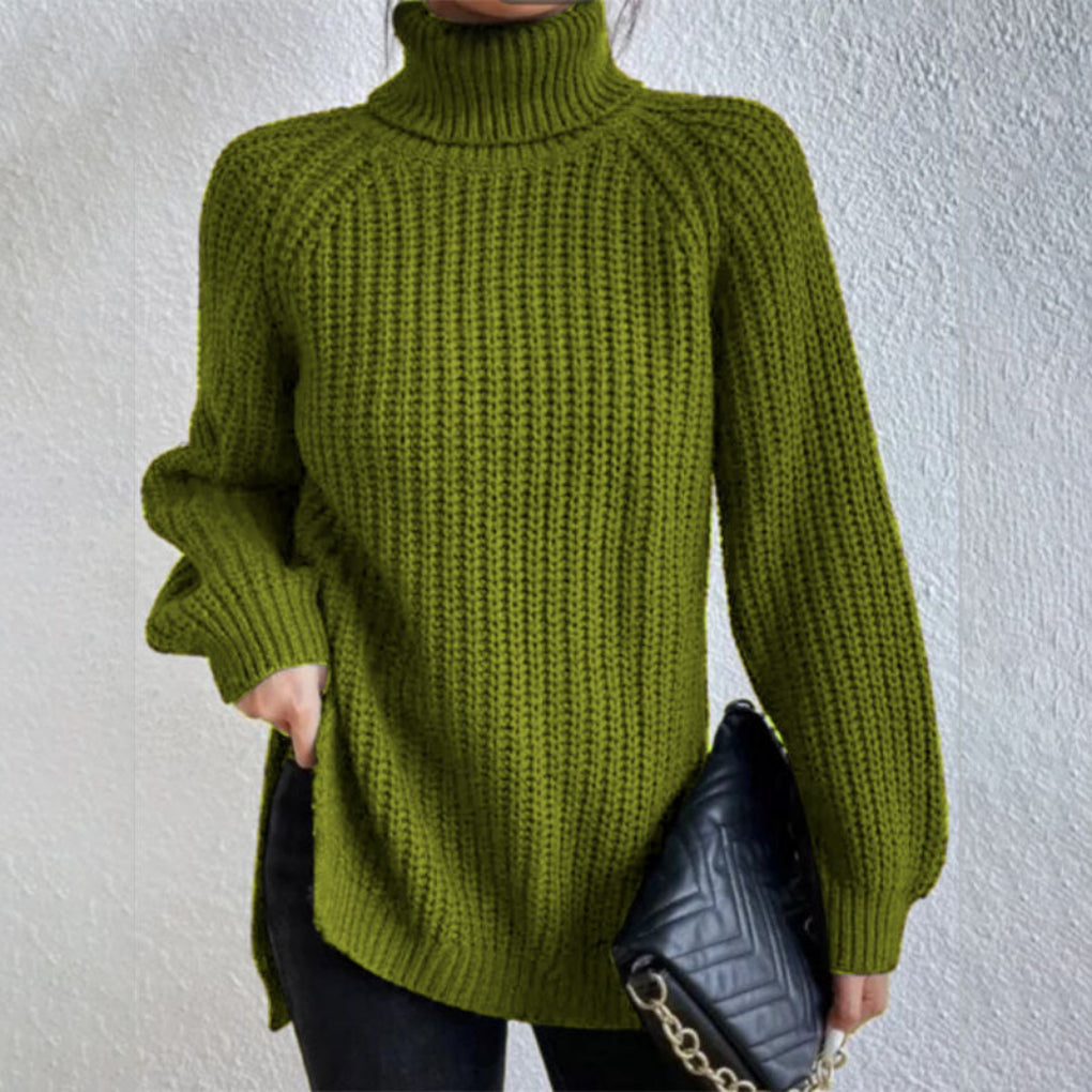 Women's fall fashion turtleneck sweater. Long sleeve, solid color pullover with modern split hem.