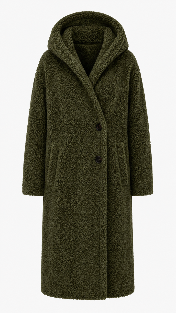 Fashionable ladies winter coat, hooded & cozy for cold weather and elegant layering.