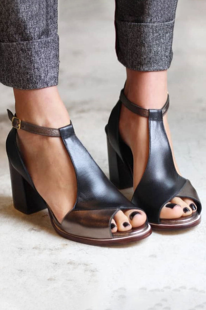 Women's Black Patchwork Peep Toe Heels