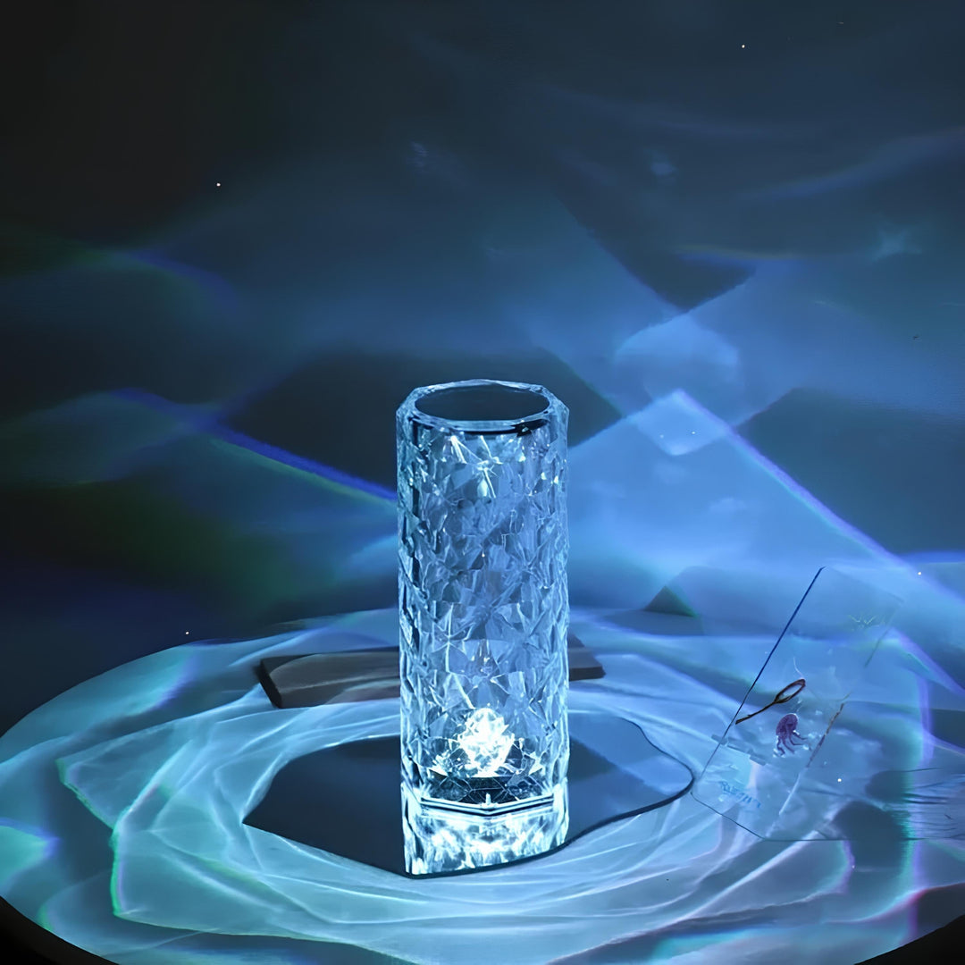 Rechargeable crystal touch lamp, portable, dimmable LED, adds ambient light to any space.
