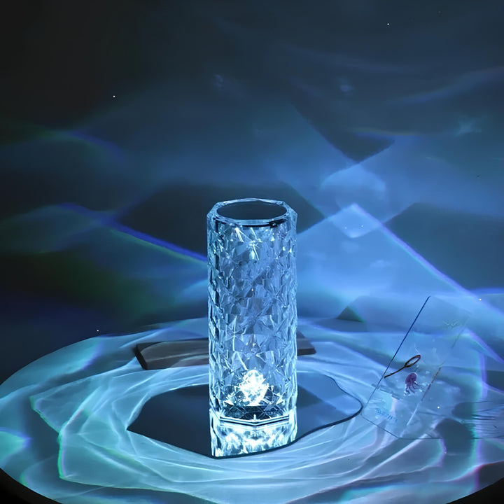 Rechargeable crystal touch lamp, portable, dimmable LED, adds ambient light to any space.