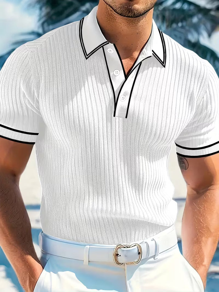 Comfortable men's color-blocked short sleeve polo shirt, ideal for stylish summer outfits & casual fashion.