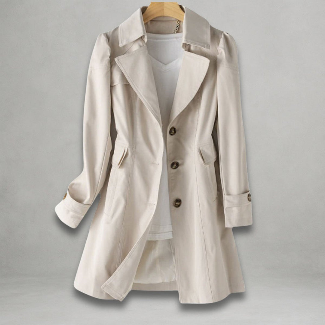 Classic single-breasted women's trench coat, an elegant long jacket for workwear & sophisticated city fashion.