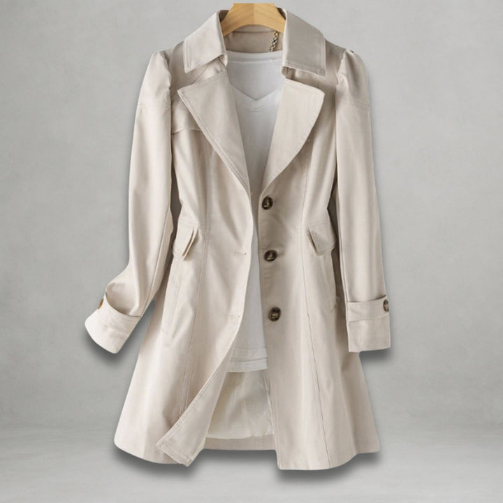 Classic single-breasted women's trench coat, an elegant long jacket for workwear & sophisticated city fashion.