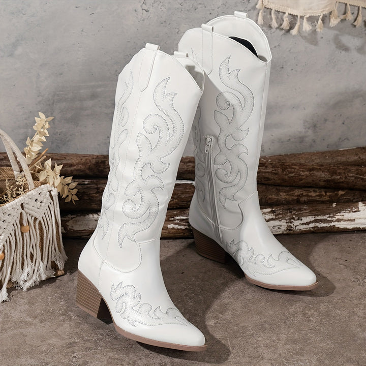 Back view of women's tall western boots, featuring the block heel and upper shaft's embroidered design.