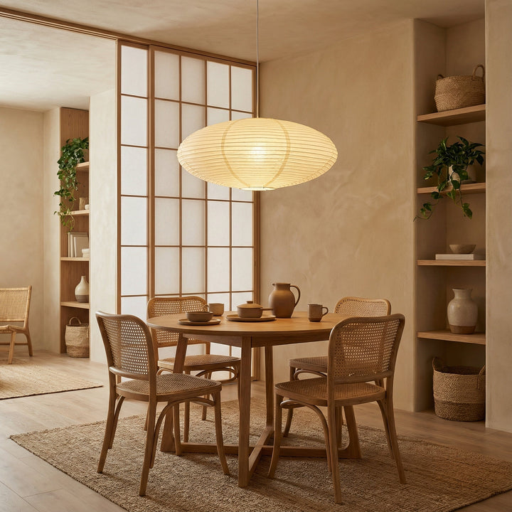 Adjustable Wabi Sabi paper pendant light for dining rooms & living rooms, modern minimalist style.