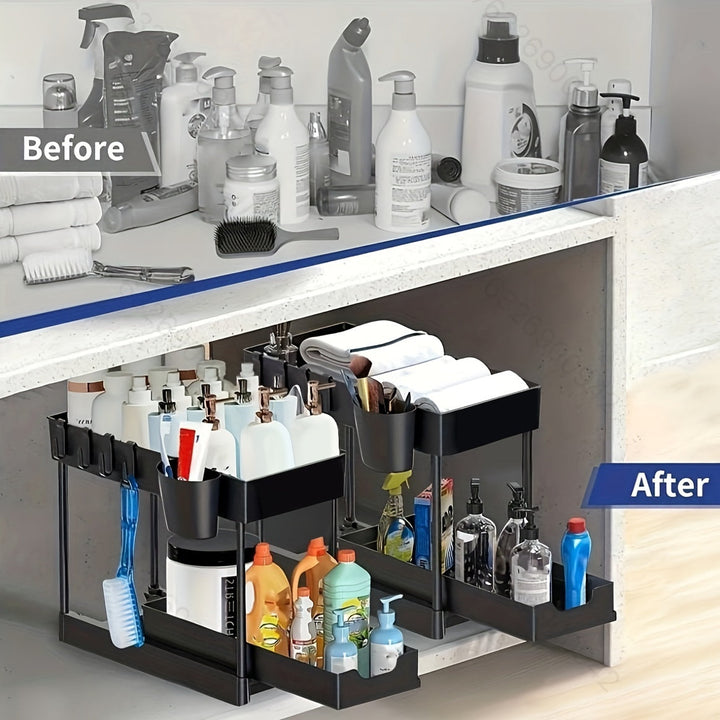 Modern 2-tier cabinet & countertop organizer with storage cup & hooks, ideal for compact home storage solutions.