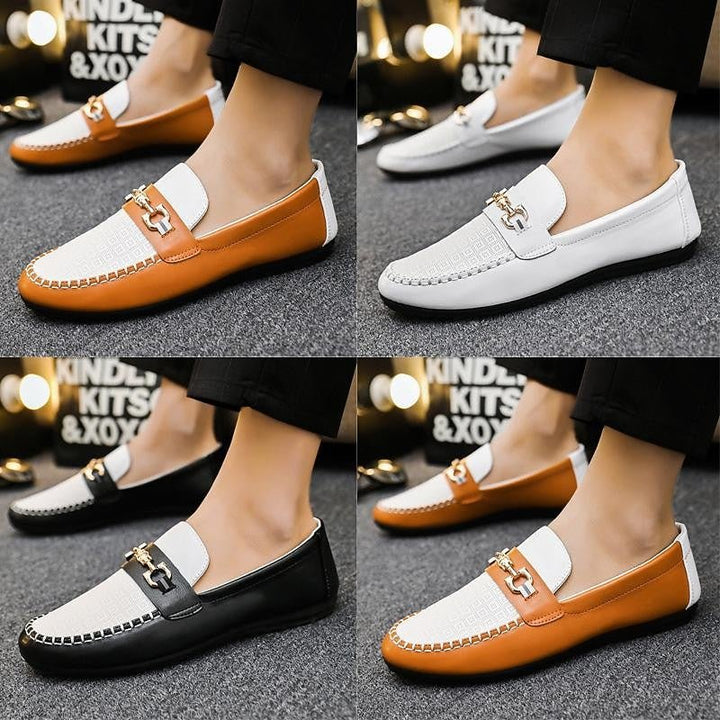 Full view of men's stylish loafers, refined slip-on shoes for modern comfort & versatile style.