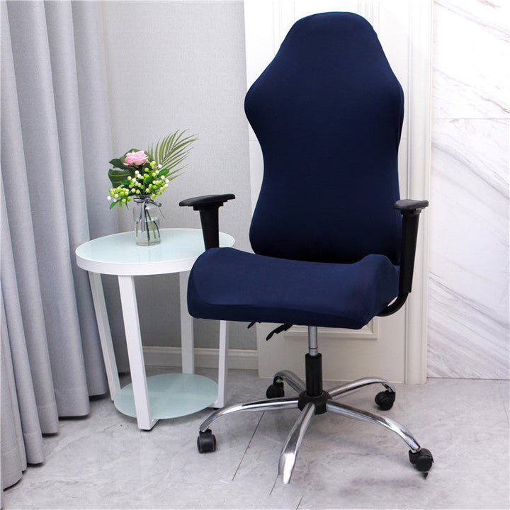 Stretch gaming chair cover in vibrant blue, elastic fit for home office comfort & protection.