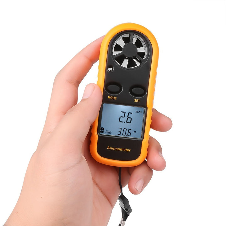 Compact digital anemometer for precise wind speed measurement, ideal for outdoor use.