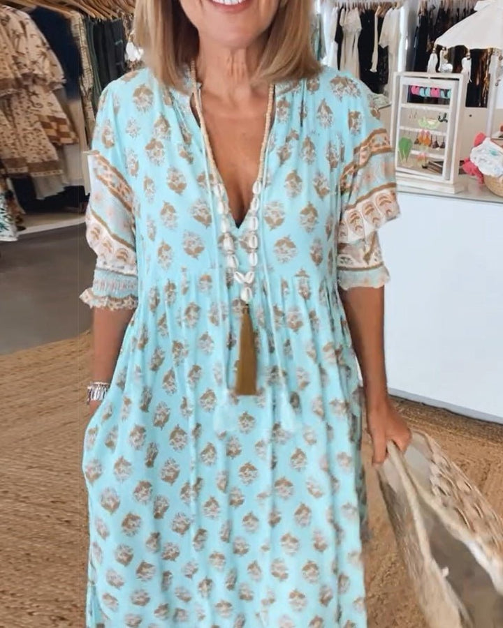 Floral V-Neck Midi Dress with Flowing Fit