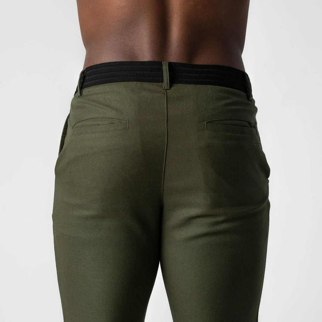 Full shot of men's grey versatile active chinos, showcasing their tailored fit.