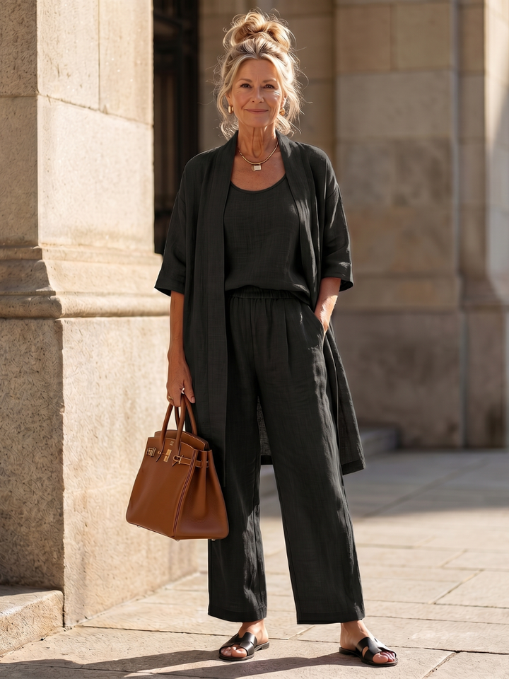 Women's versatile three-piece set, easy to style for different occasions, featuring wide-leg pants.