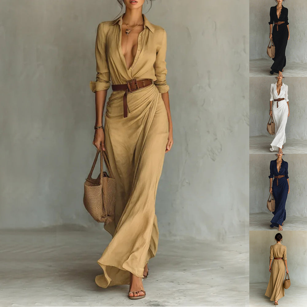 Elegant women's shirt dress with an irregular hem and matching belt, perfect for office or casual autumn wear.