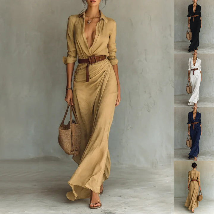 Elegant women's shirt dress with an irregular hem and matching belt, perfect for office or casual autumn wear.