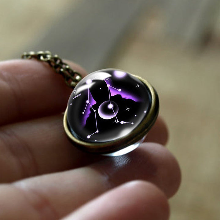 Personalized zodiac glass pendant necklace, an astrology spiritual gift for women's protection.