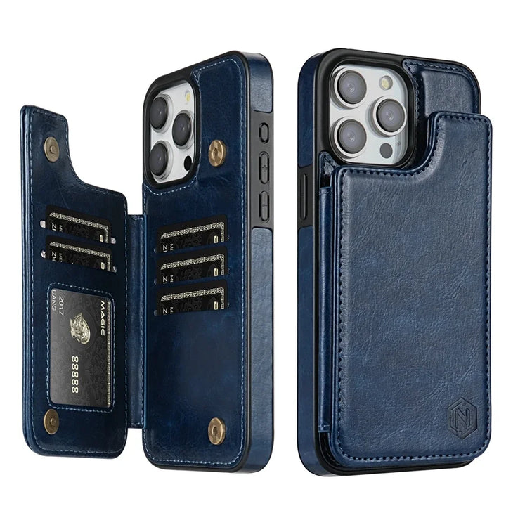 Stylish unisex leather iPhone wallet case, perfect for cards, secured by magnetic closure.