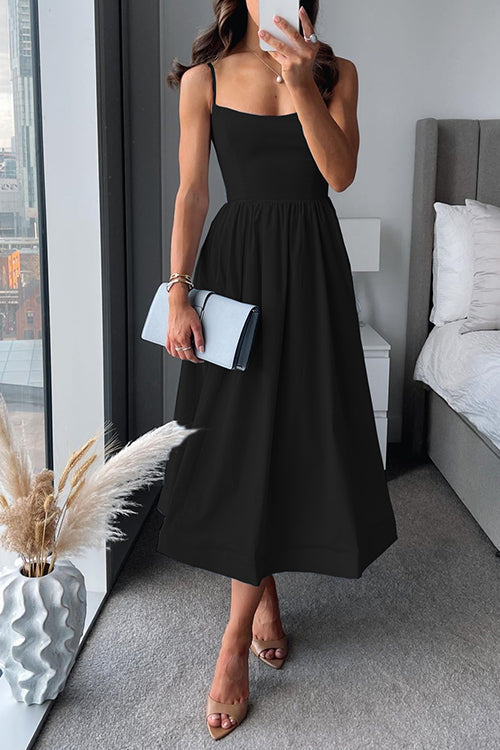 Effortlessly chic women's midi dress with a flattering A-line silhouette and waist tie, versatile for day or night.