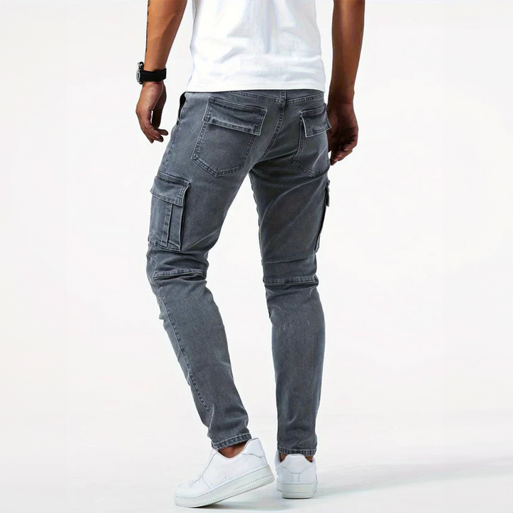 Black men's stretch cargo pants, slim fit & wrinkle resistant. Perfect for stylish, comfortable everyday wear.
