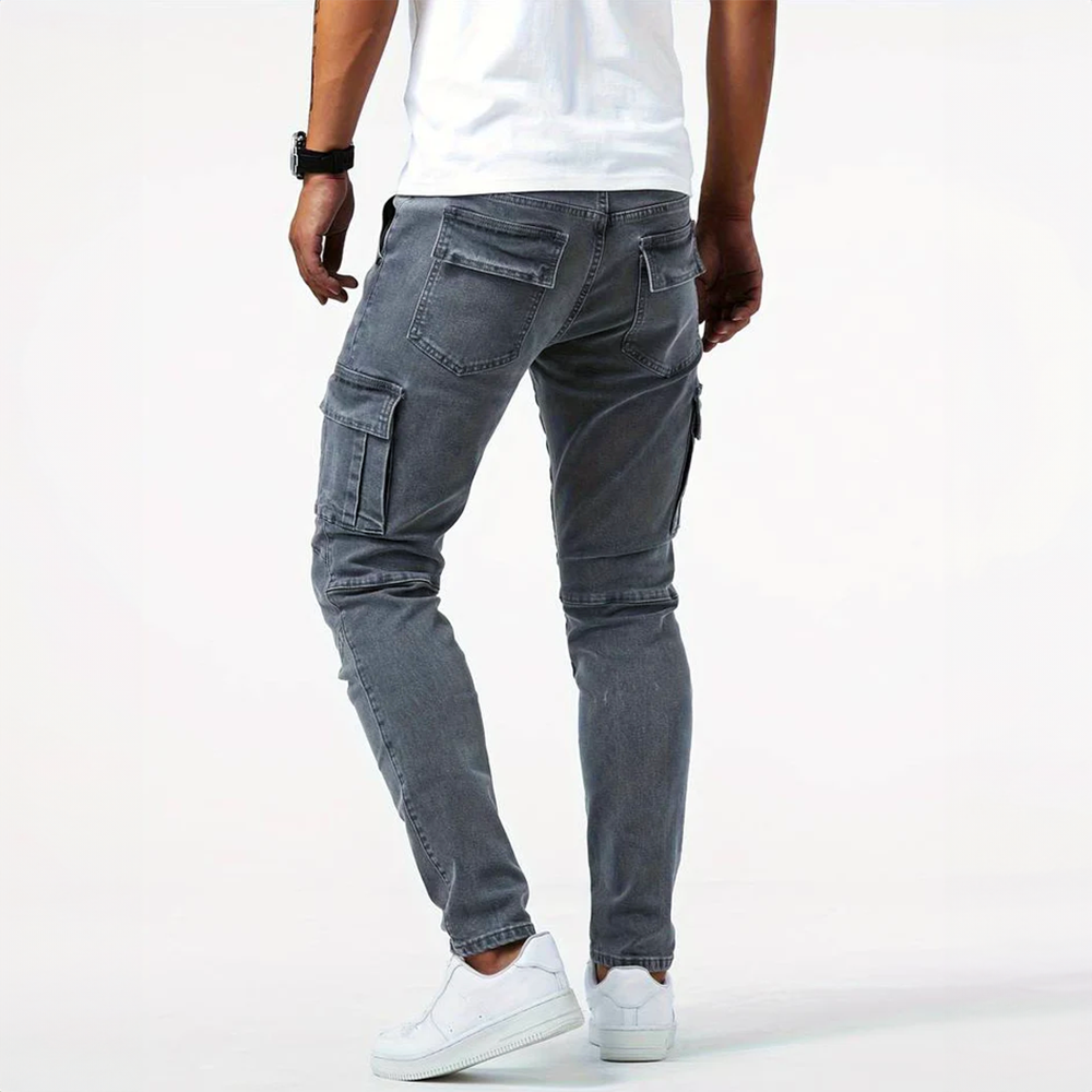 Black men's stretch fit denim cargo pants, providing ultimate comfort and sleek urban style.