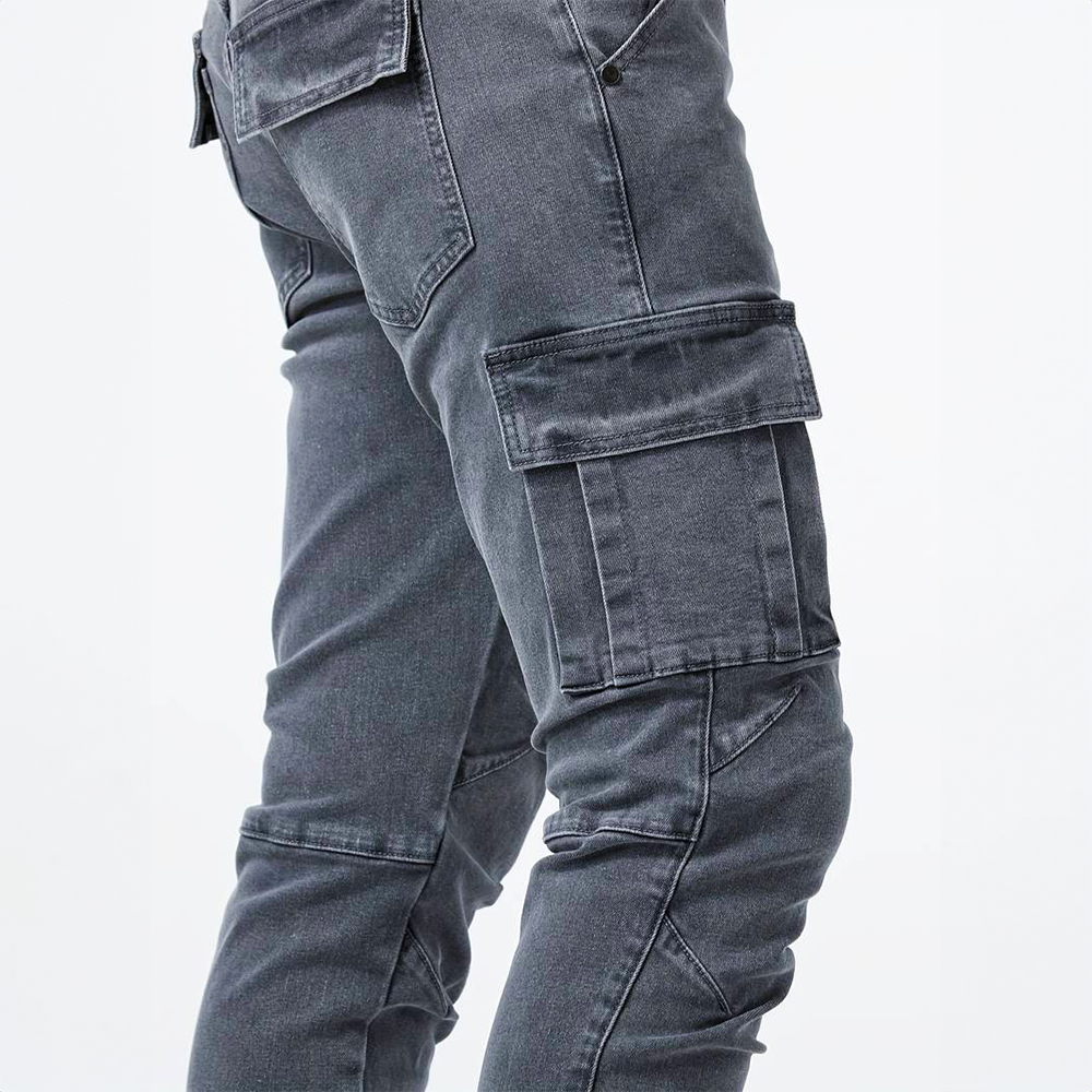 Stylish grey men's stretch cargo pants, slim fit. Versatile, wrinkle resistant utility bottoms for modern fashion.