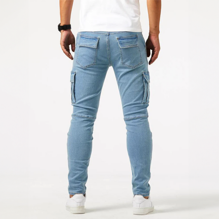 Black slim fit men's stretch cargo pants. Stylish, durable, and wrinkle resistant. Essential casual bottoms.