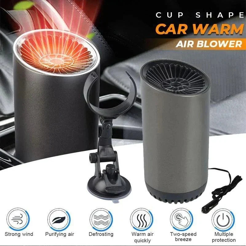 Compact portable 12V car heater, defroster, and defogger for enhanced winter vehicle comfort.