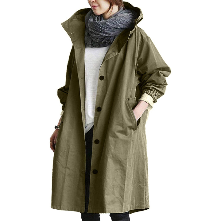 Women's stylish long waterproof raincoat, perfect for all-weather protection. Elegant hooded jacket, ideal for autumn/spring.