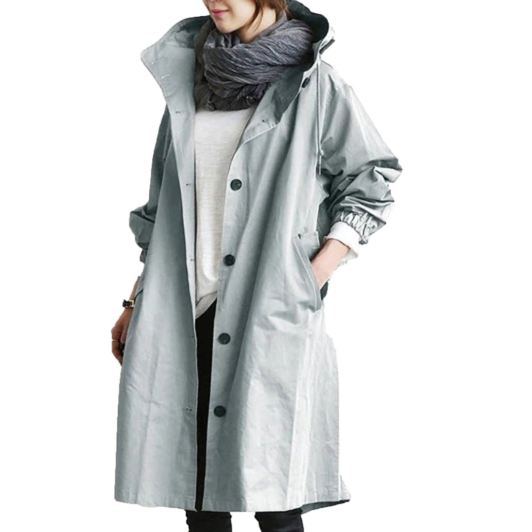 Stylish women's long waterproof commuter jacket. Elegant hooded raincoat for daily wear & protection from rain and wind.