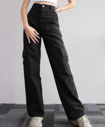 Comfortable women's denim cargo pants, designed with stylish functional pockets for modern casual outfits.