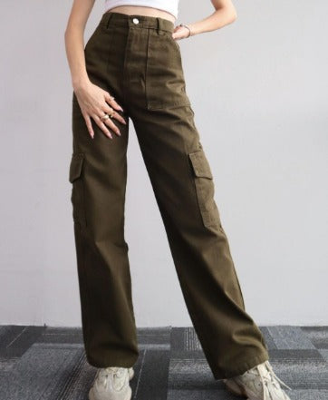 Chic women's cargo jeans, offering a trendy silhouette & ample utility pockets for everyday style.