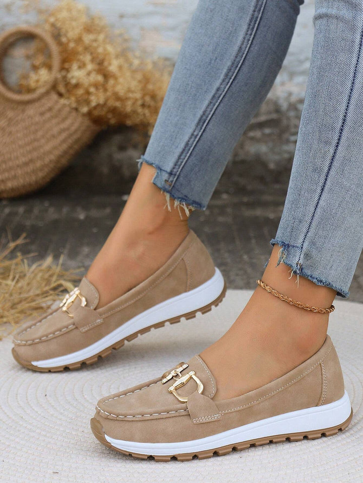 Everyday women's comfort loafers featuring a sophisticated gold buckle; perfect elegant office shoes.