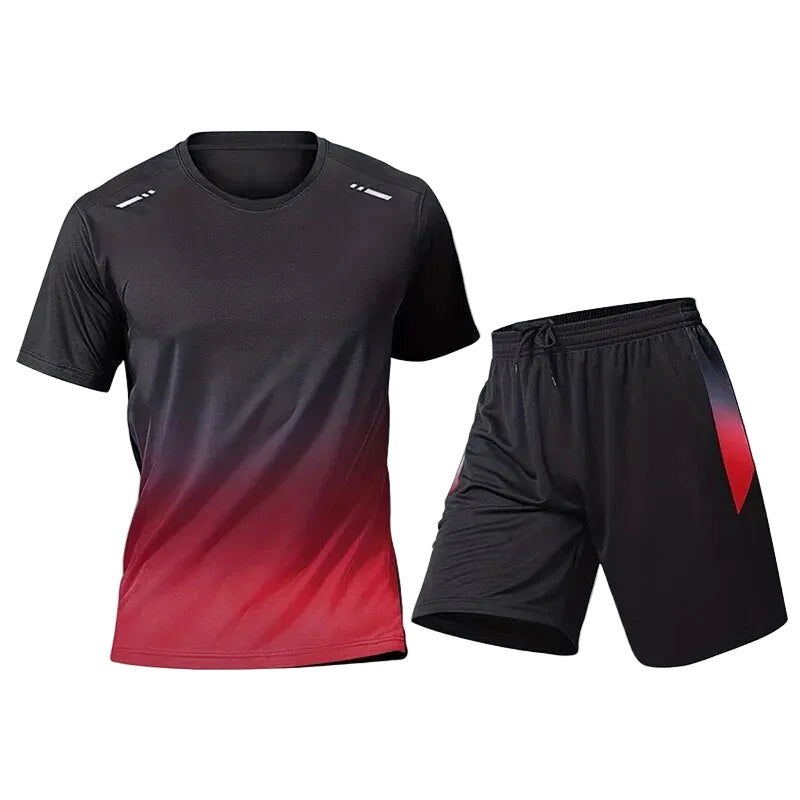 Breathable men's quick-dry gym set: activewear t-shirt and shorts for intense training.