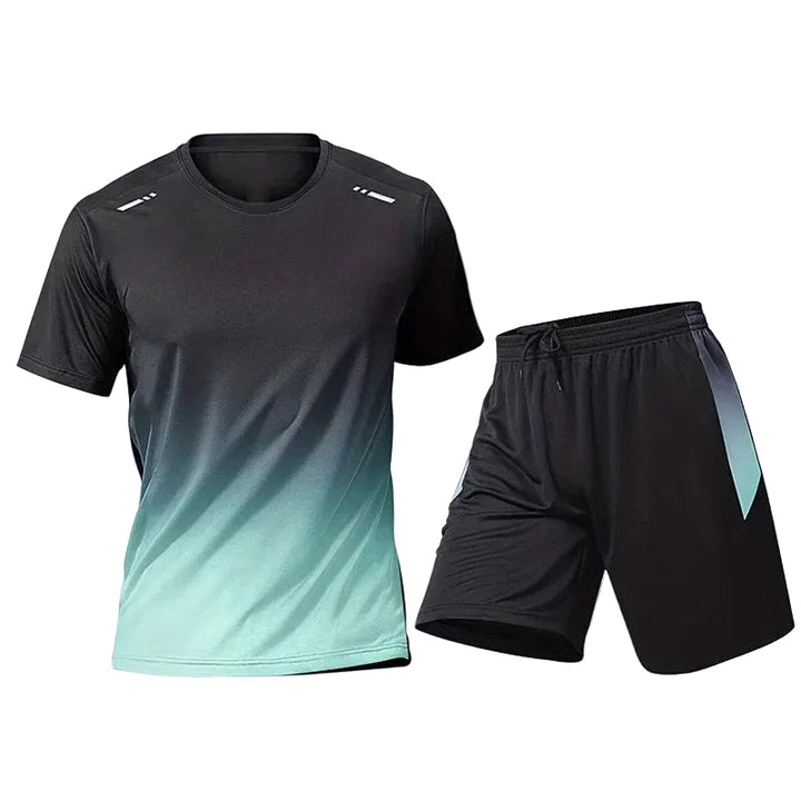 Navy men's quick-dry running gear set, including a performance t-shirt & active shorts.