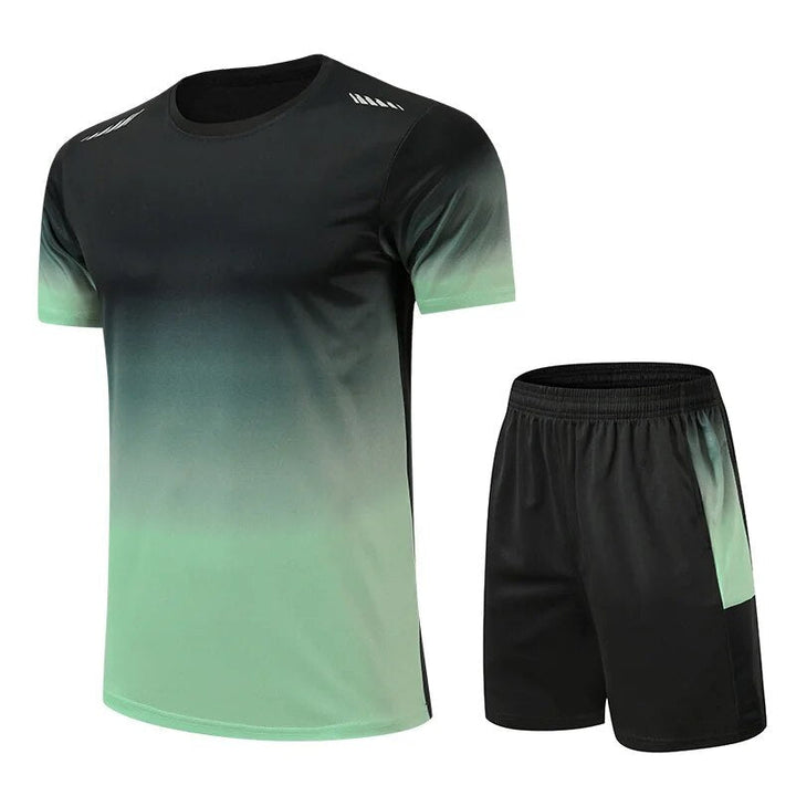 Versatile men's fitness apparel set: quick-dry t-shirt & shorts for gym, running, and training.