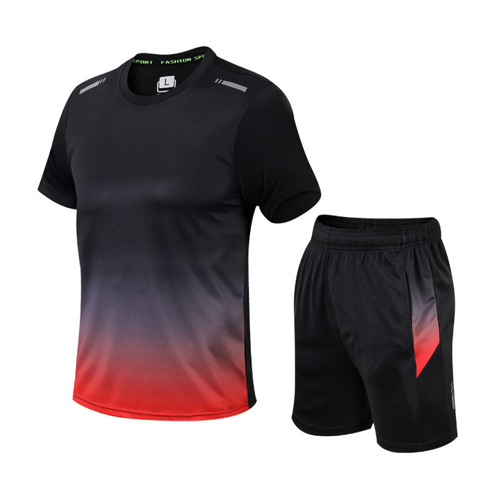 Black men's quick-dry activewear set: athletic t-shirt & matching shorts for gym & sports.