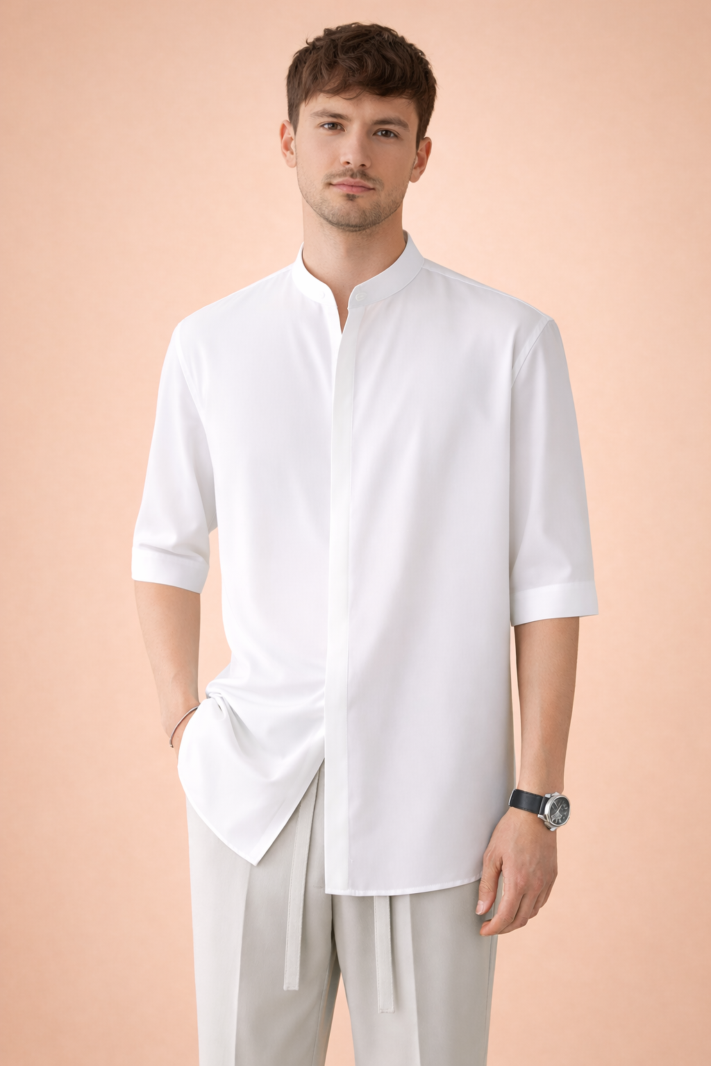 Men's minimalist band collar shirt, modern style, elegant for smart casual wear. Versatile three-quarter sleeve top.