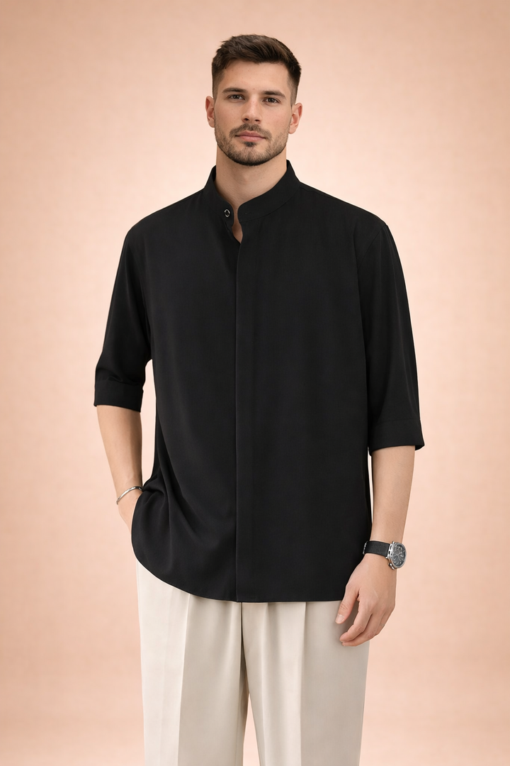Stylish men's band collar shirt for summer. Minimalist design, perfect for modern smart casual or versatile wear.